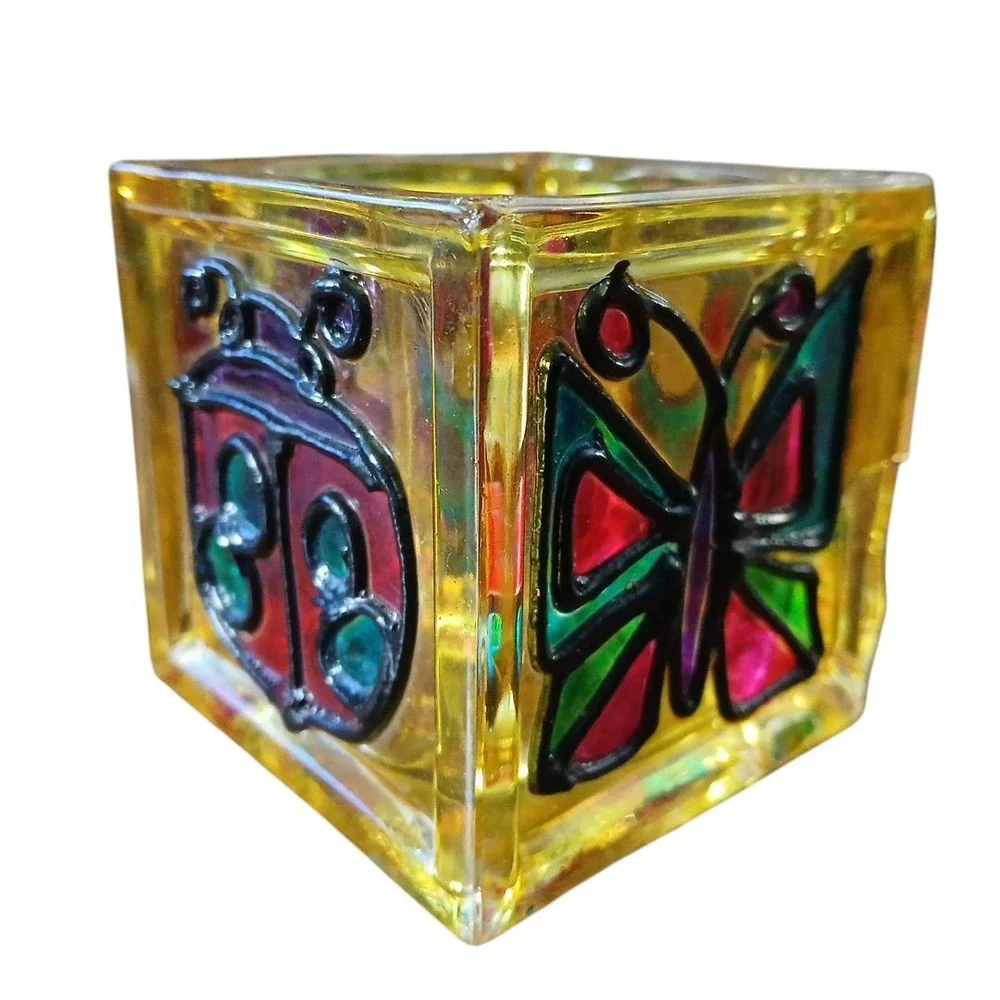 Vtg Stained Glass Handmade Studio Art Candle Holder Ladybug Butterfly 3